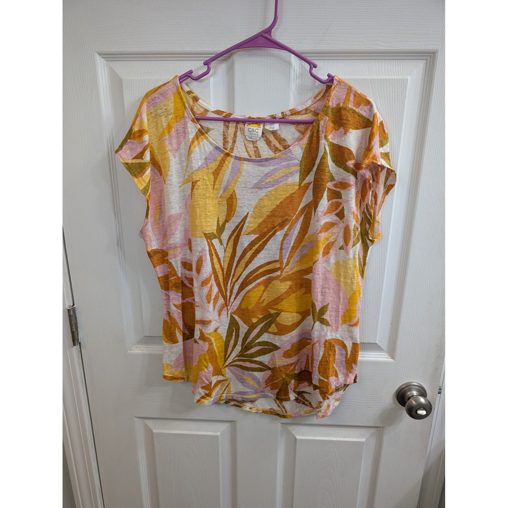 C&C California Linen Top Womens Tropical Leaf Print Cap Sleeve - Size XL